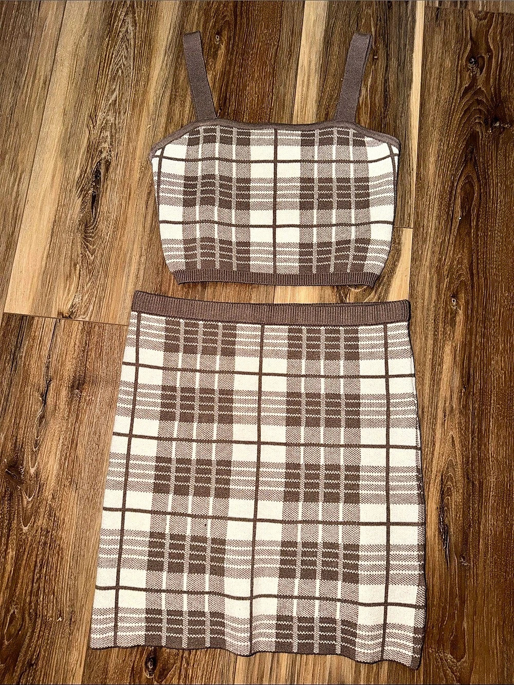 Love Tree Plaid Knit Skirt Set in Brown & White Size Medium